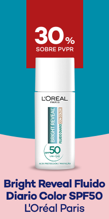 Bright Reveal Fuildo Diario Com cor SPF 50 da marca Loreal Paris com destaque promocional de 30% sobre preço de Venda ao Público Recomendado